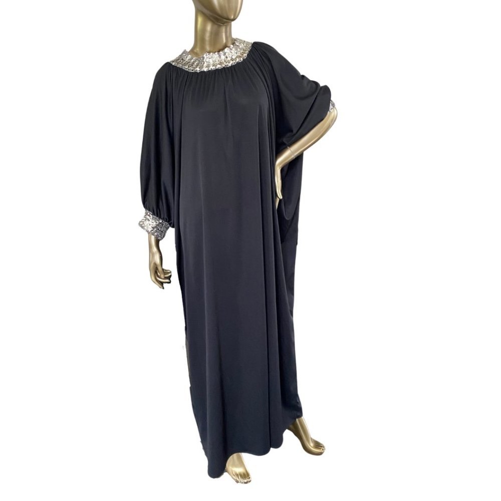 Vintage GLAM 70s Caftan Sequin Trimmed Maxi Dress 1970s Lounge Wear S-M-L - Picture 3 of 11